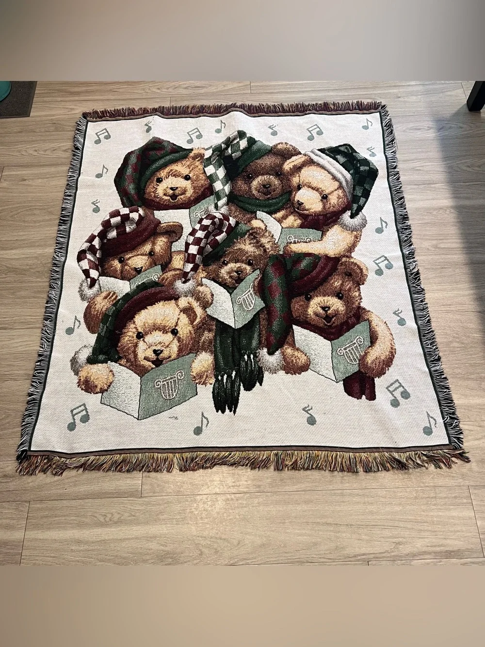 Vintage Christmas Teddy Bear Carolers Woven Throw Blanket
